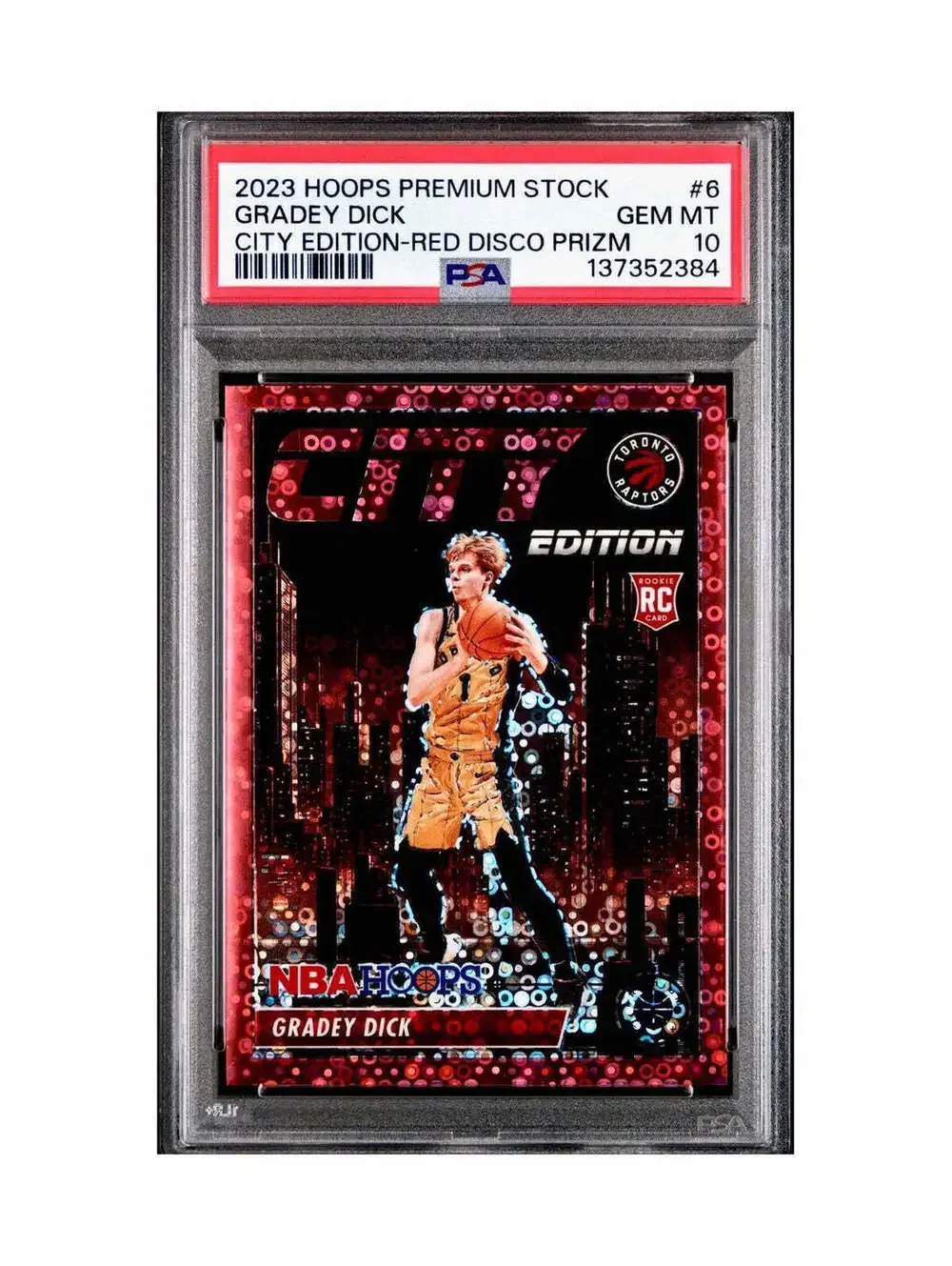 Gradey Dick 2023 Panini Hoops Premium City Edition #6 Red Disco Prizm PSA 10 Gem